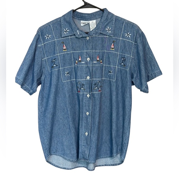 Capacity Tops - Vintage Capacity Denim Button Up Shirt Sailboat Embroidered L